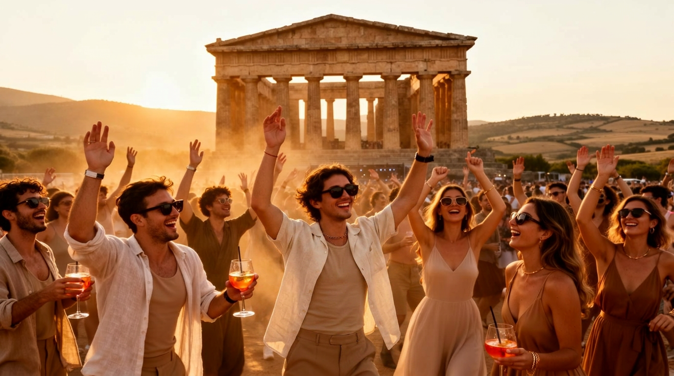People dancing at a festival in front of the temple of Segesta
